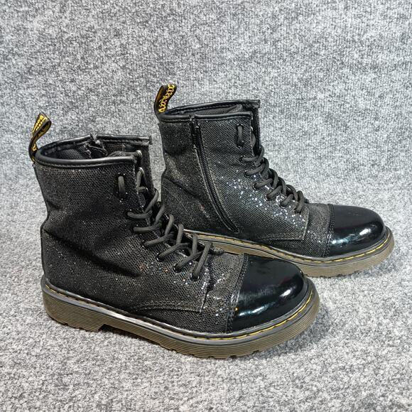 Dr. Martens Boots Womens Size 5 Black Pooch Glitter Patent Toe Zip Lace Up Ankle - Picture 1 of 10
